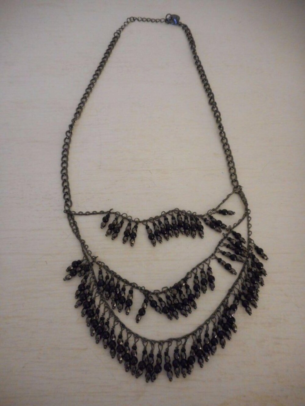 Vintage Estate Costume 3 Strand Black Beaded bib necklace Trifari